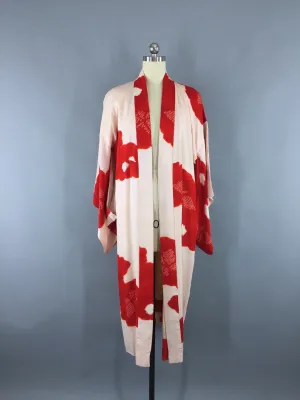 Vintage 1930s Silk Kimono Robe with Pale Pink and Red Shibori Juban