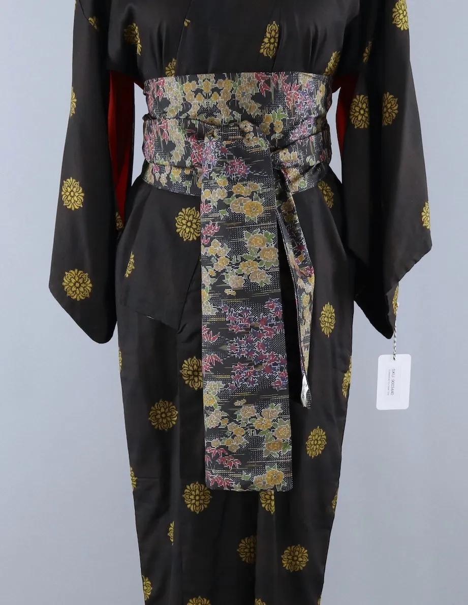 Vintage 1940s 1950s Silk Kimono Robe / Black & Gold Medallions