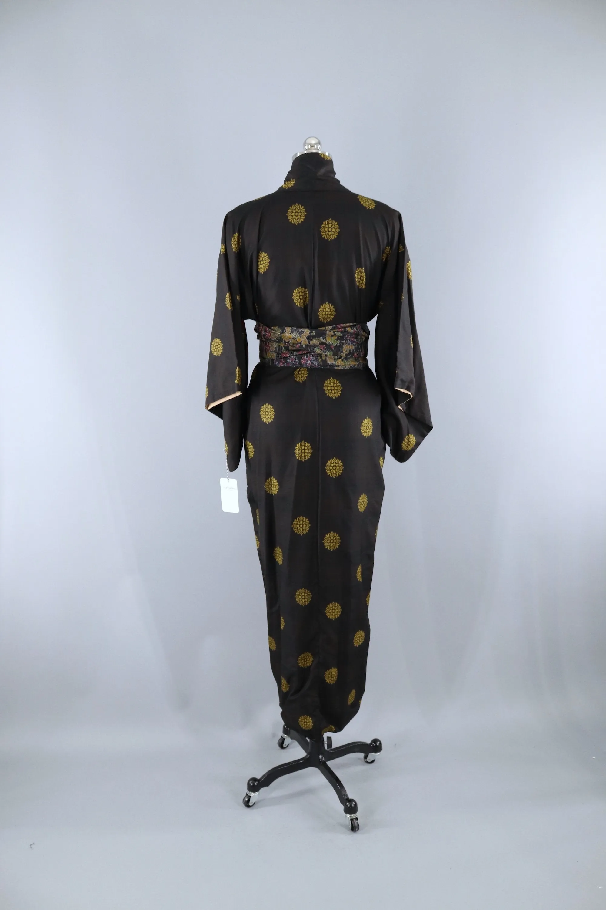 Vintage 1940s 1950s Silk Kimono Robe / Black & Gold Medallions