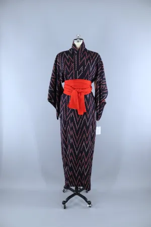 Vintage 1950s Silk Kimono Robe / Blue & Red Stripes