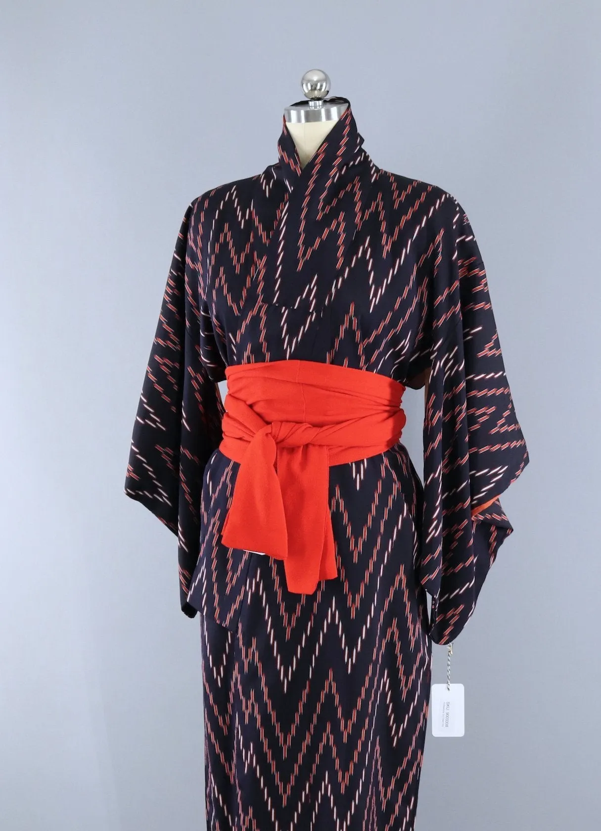 Vintage 1950s Silk Kimono Robe / Blue & Red Stripes