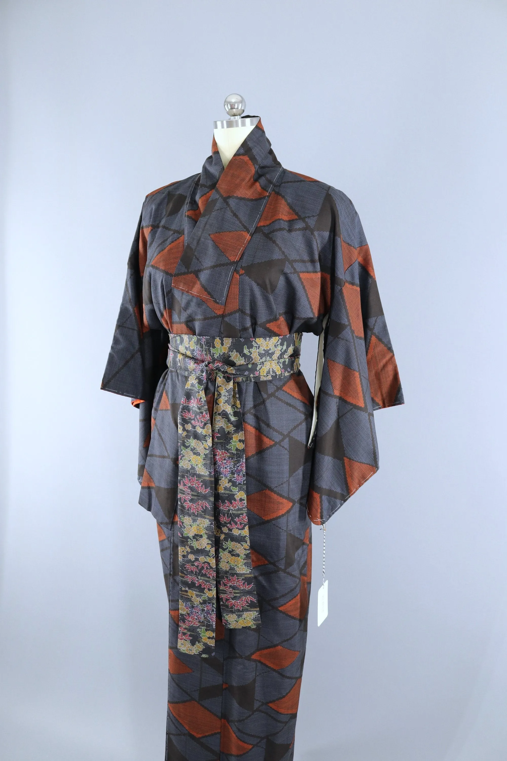 Vintage 1950s Silk Kimono Robe / Blue Black Orange Geometric Print