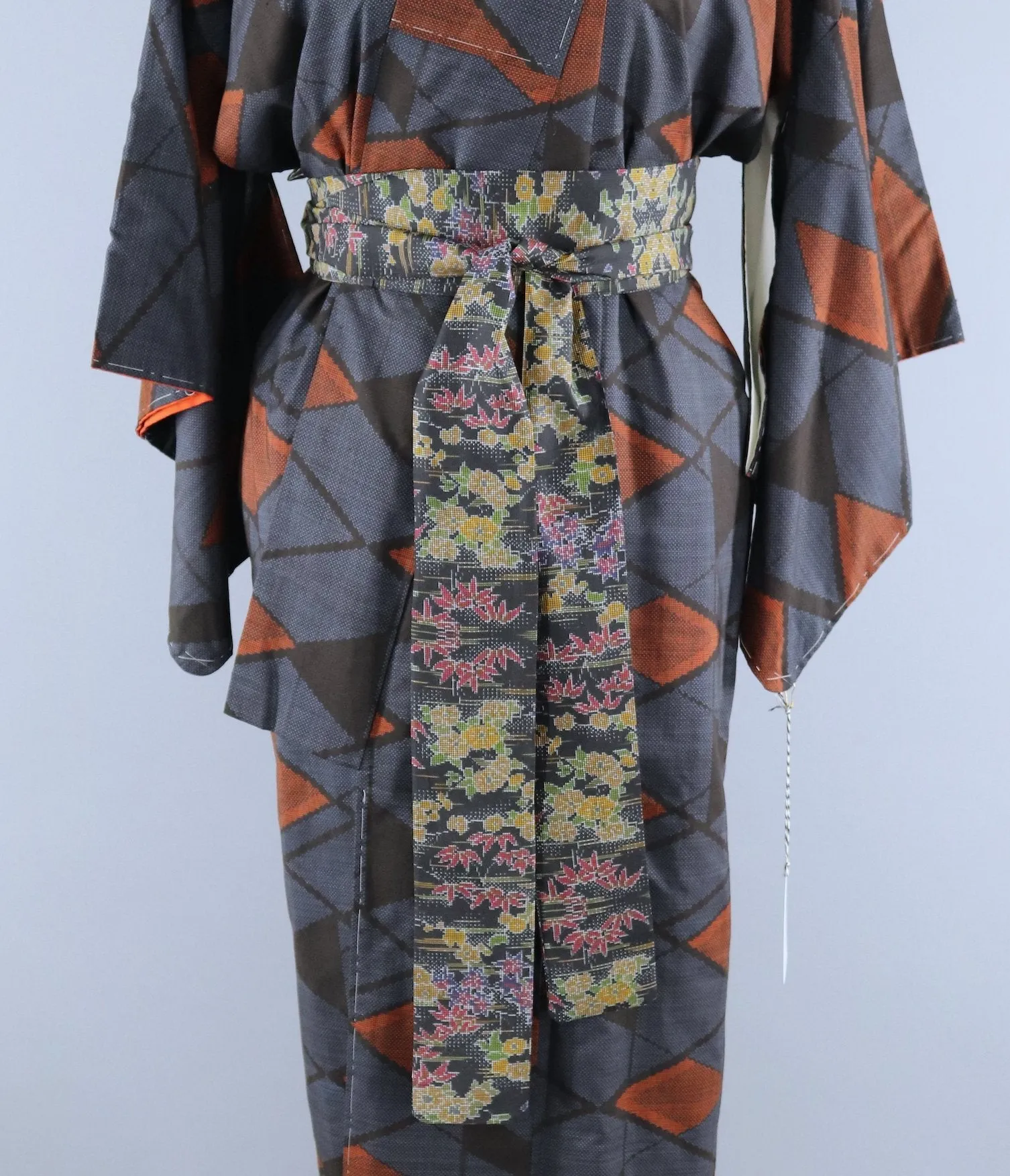 Vintage 1950s Silk Kimono Robe / Blue Black Orange Geometric Print