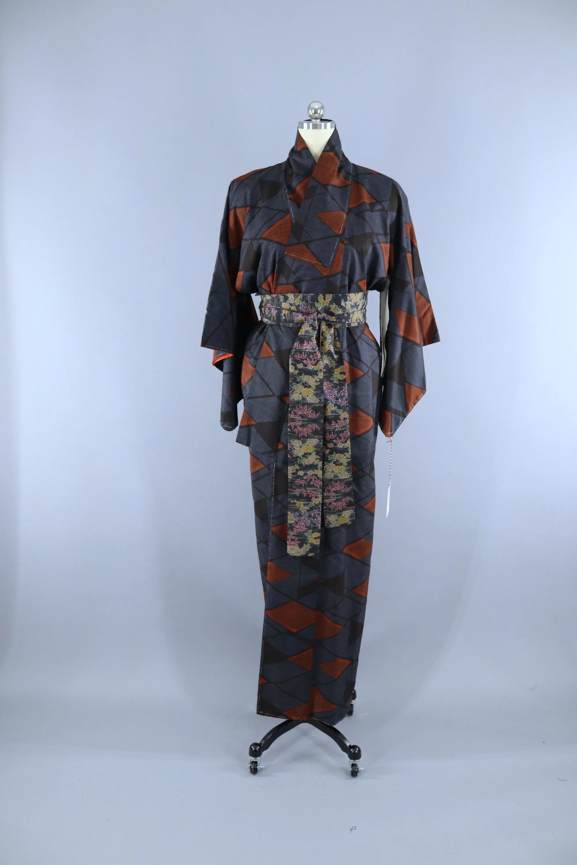 Vintage 1950s Silk Kimono Robe / Blue Black Orange Geometric Print