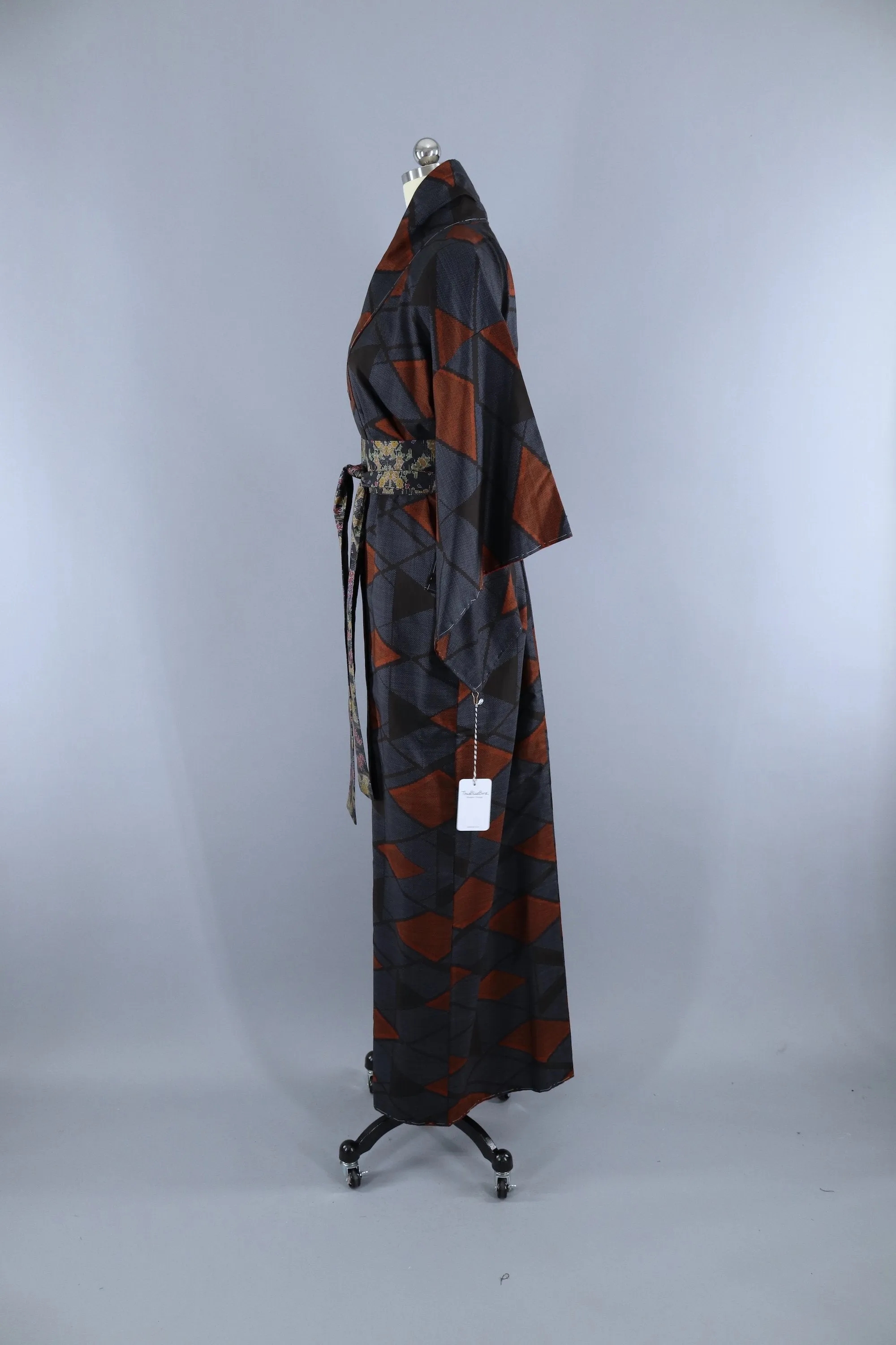 Vintage 1950s Silk Kimono Robe / Blue Black Orange Geometric Print