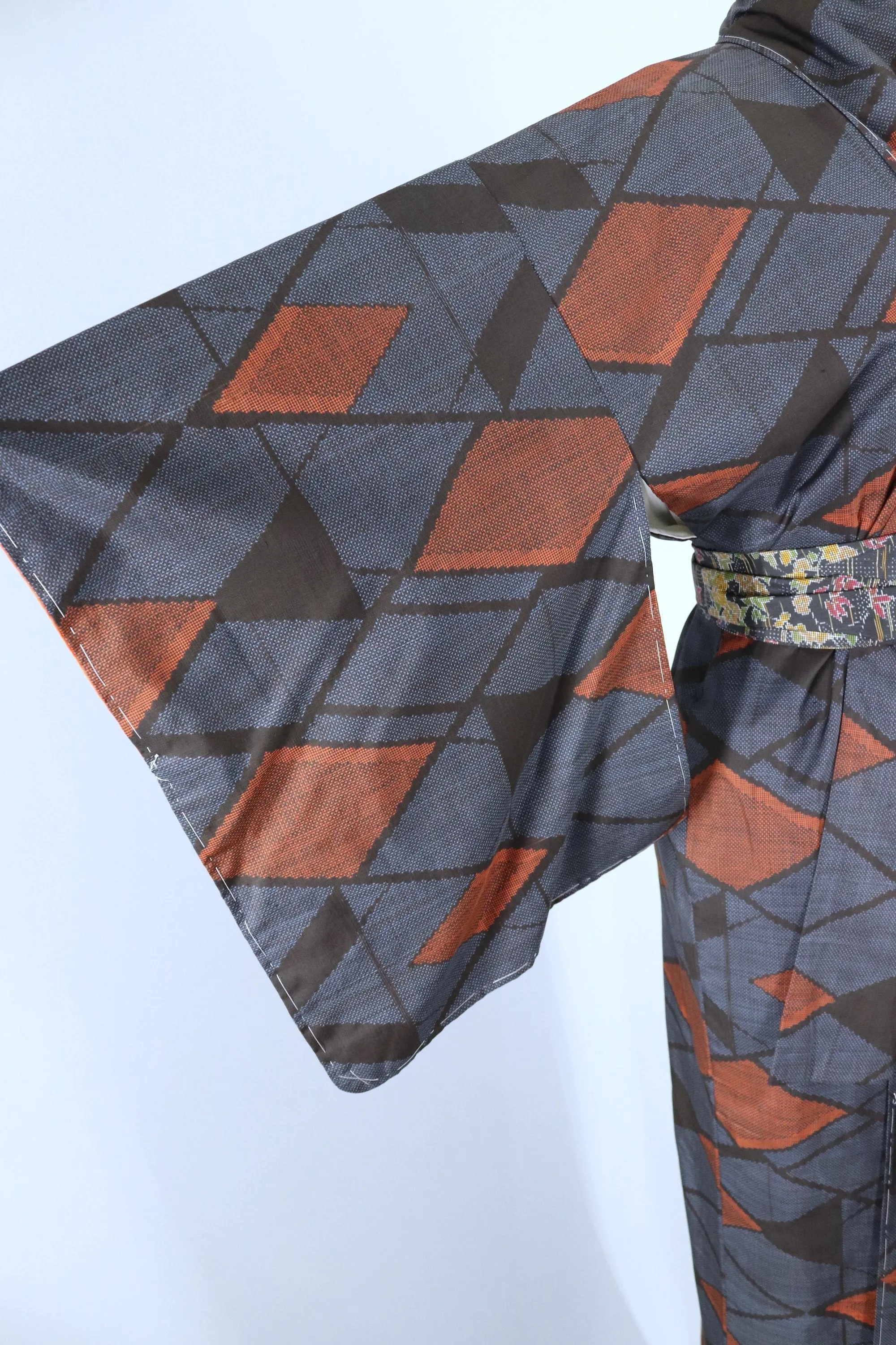 Vintage 1950s Silk Kimono Robe / Blue Black Orange Geometric Print