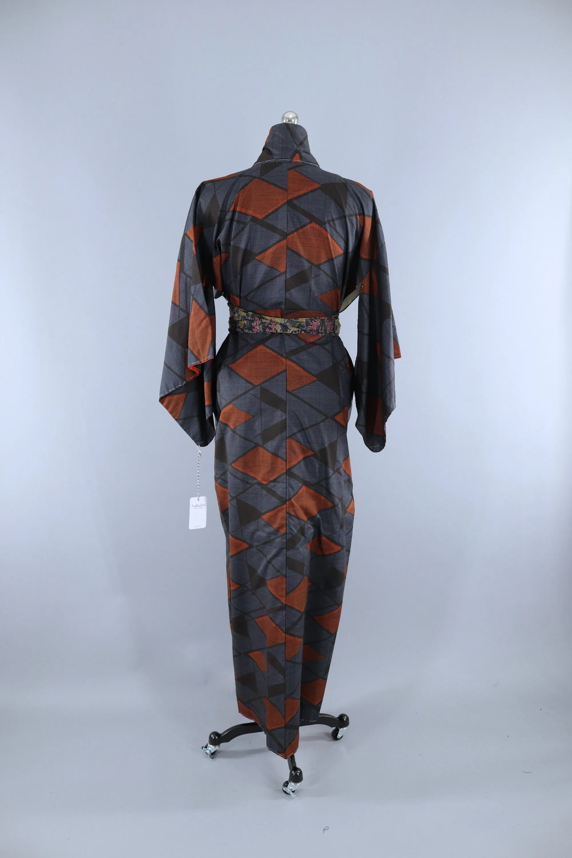 Vintage 1950s Silk Kimono Robe / Blue Black Orange Geometric Print