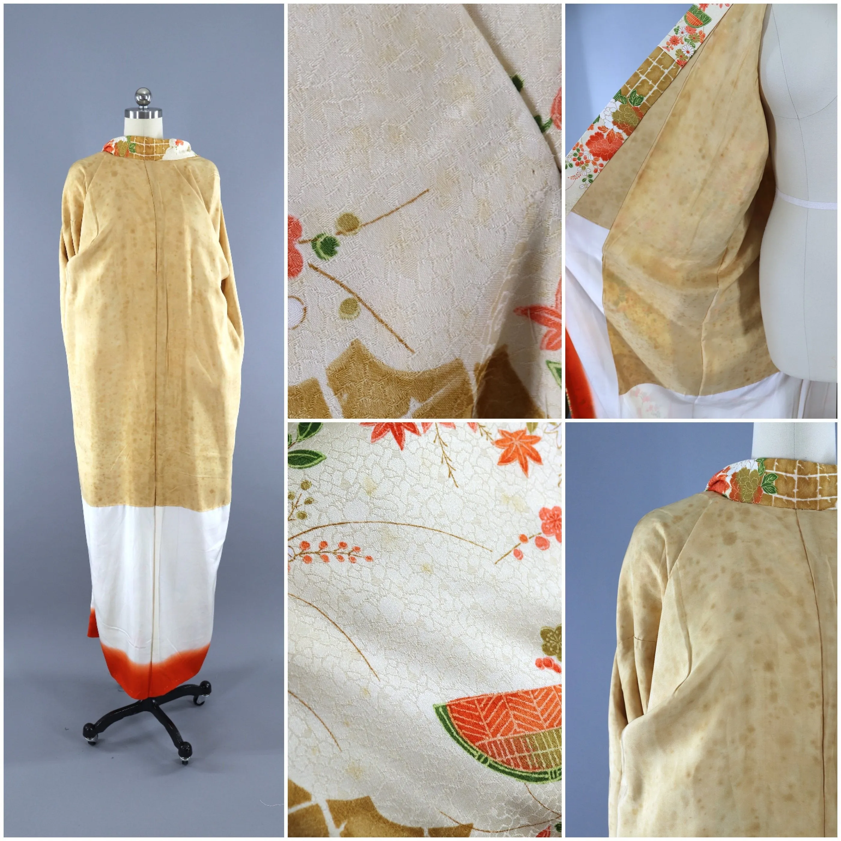 Vintage 1950s Silk Kimono Robe / Ivory Orange Furisode