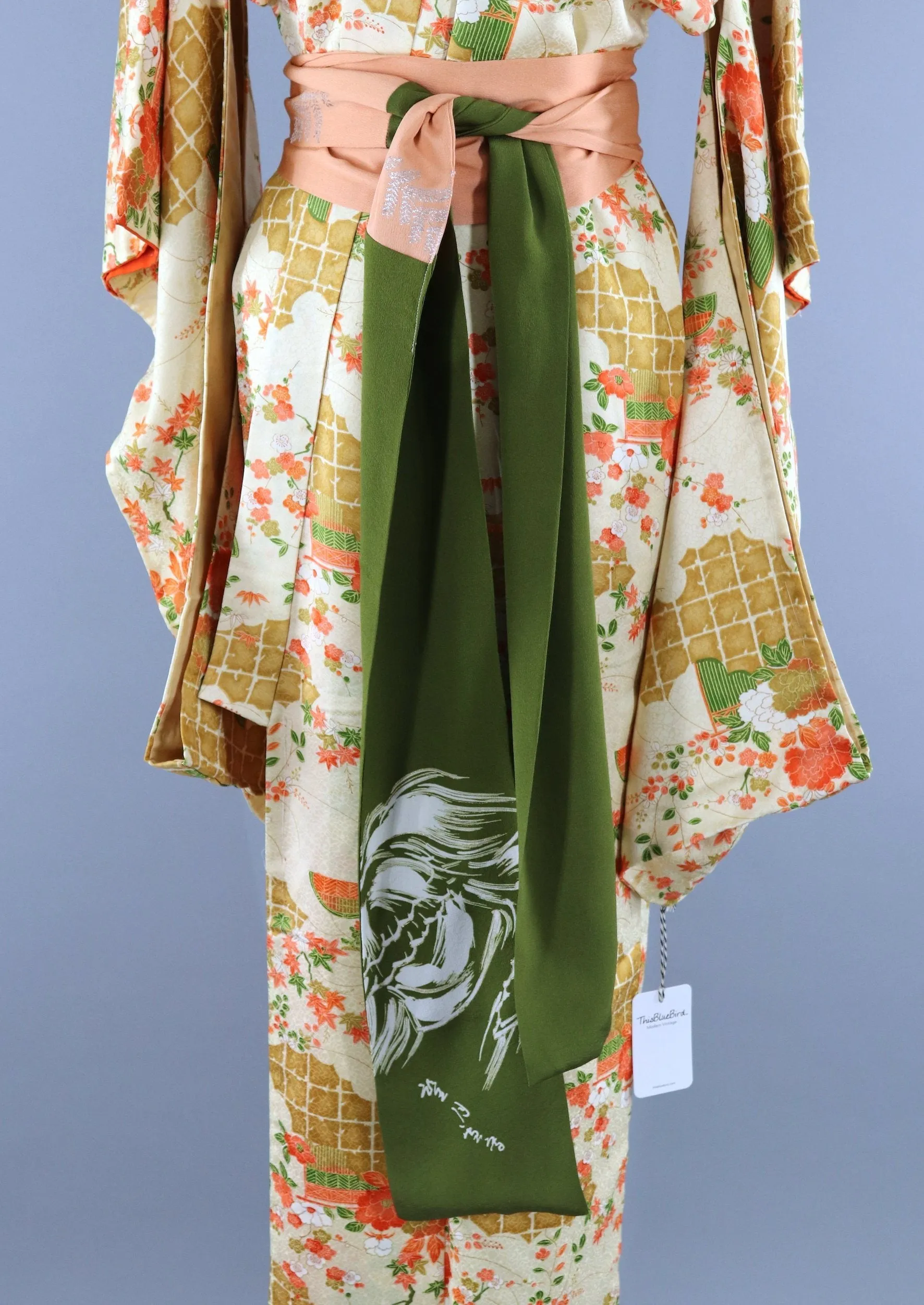 Vintage 1950s Silk Kimono Robe / Ivory Orange Furisode