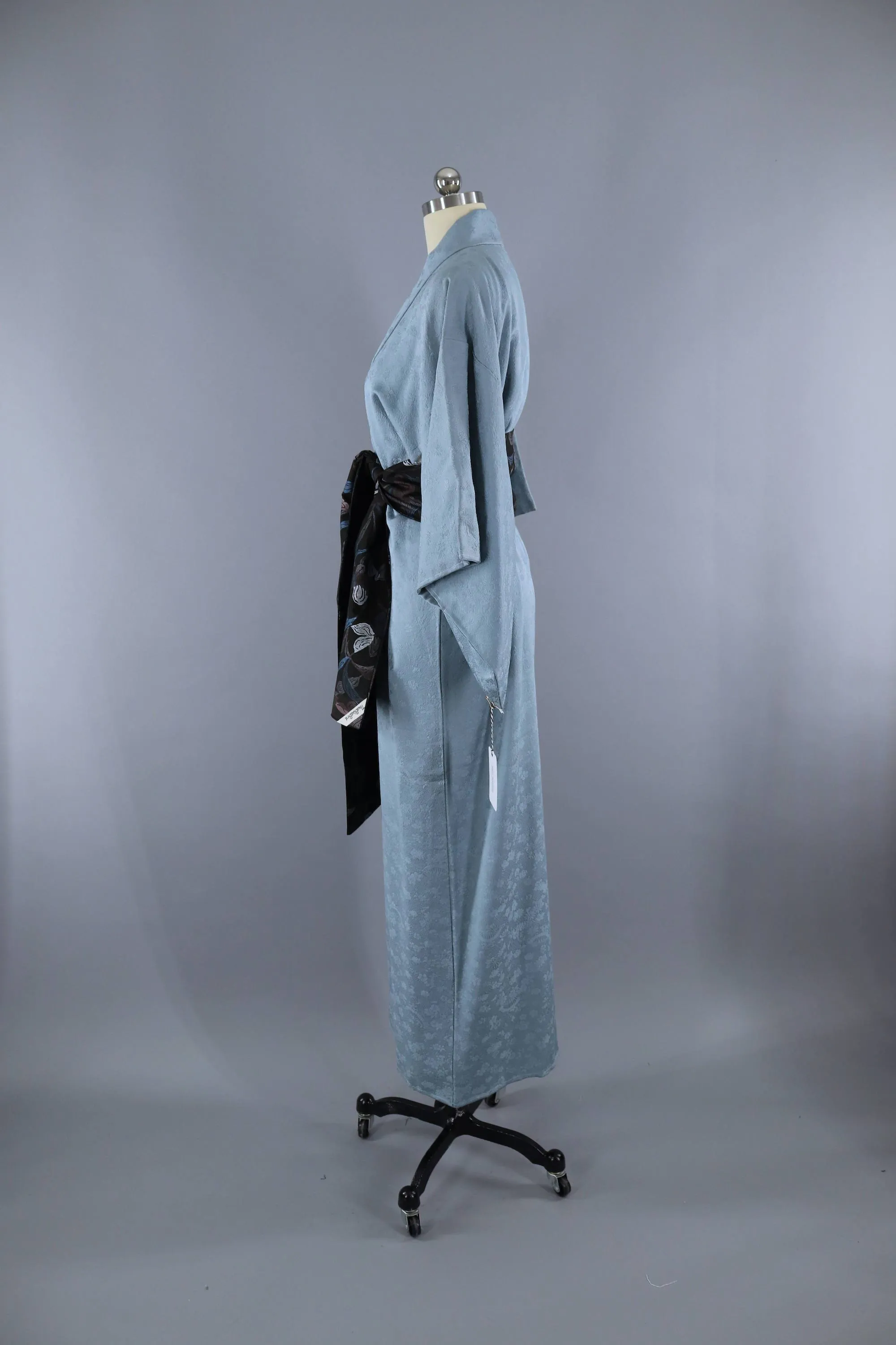 Vintage 1960s Silk Kimono Robe / Dusty Blue Damask