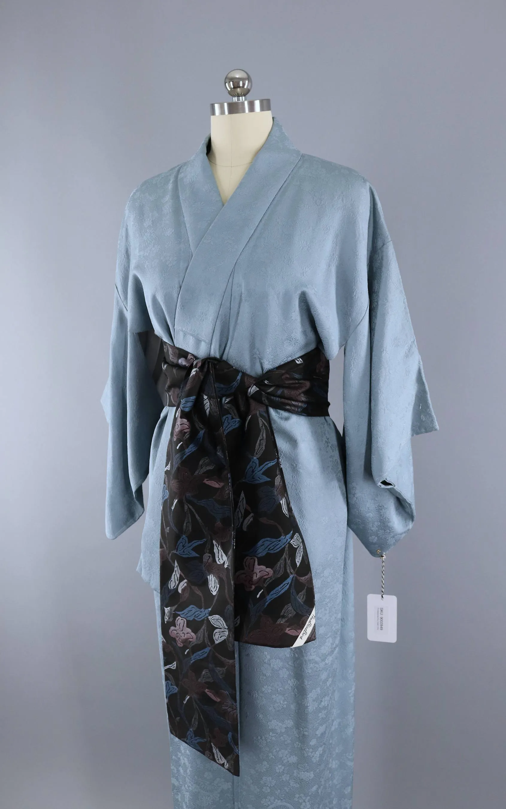 Vintage 1960s Silk Kimono Robe / Dusty Blue Damask