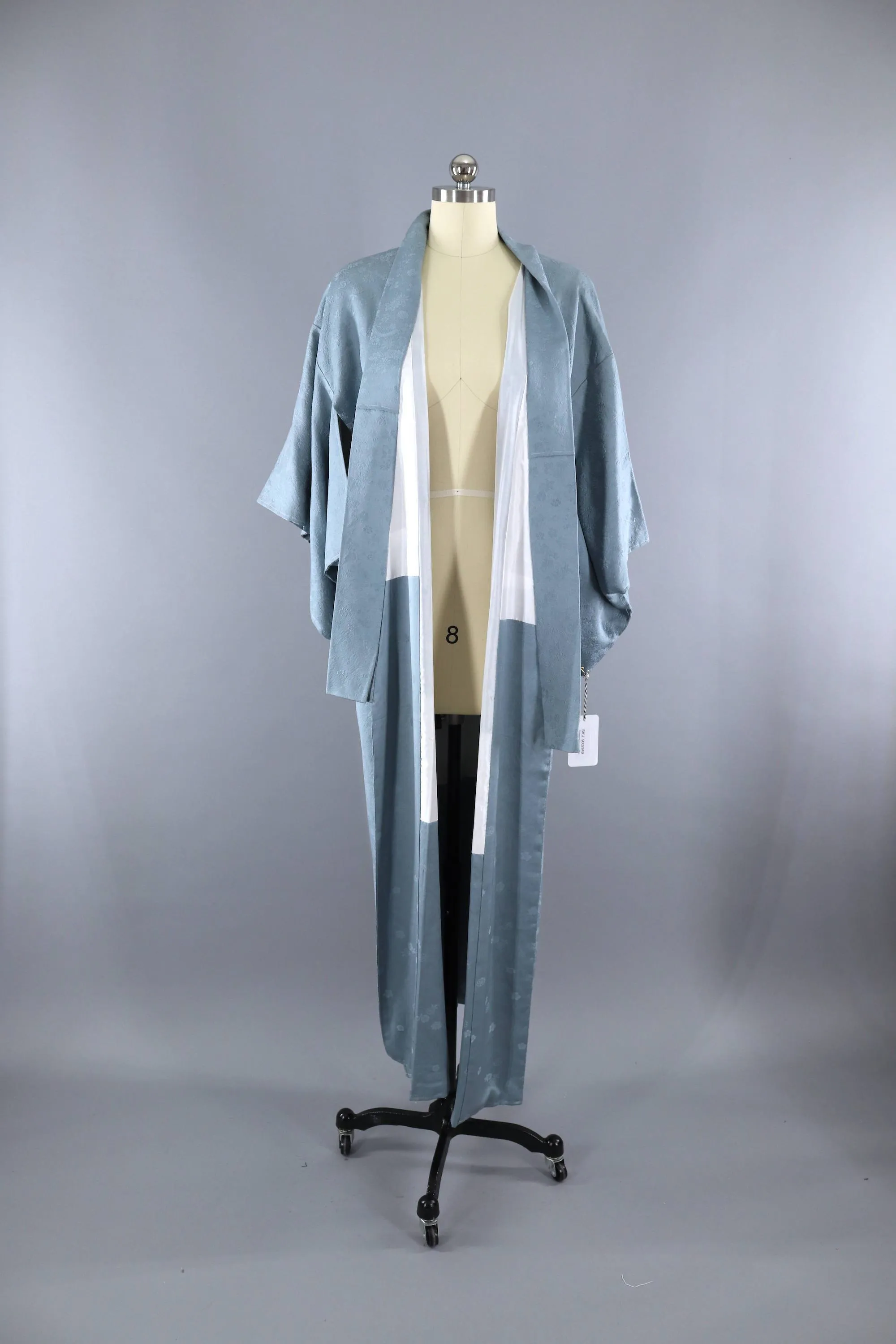 Vintage 1960s Silk Kimono Robe / Dusty Blue Damask