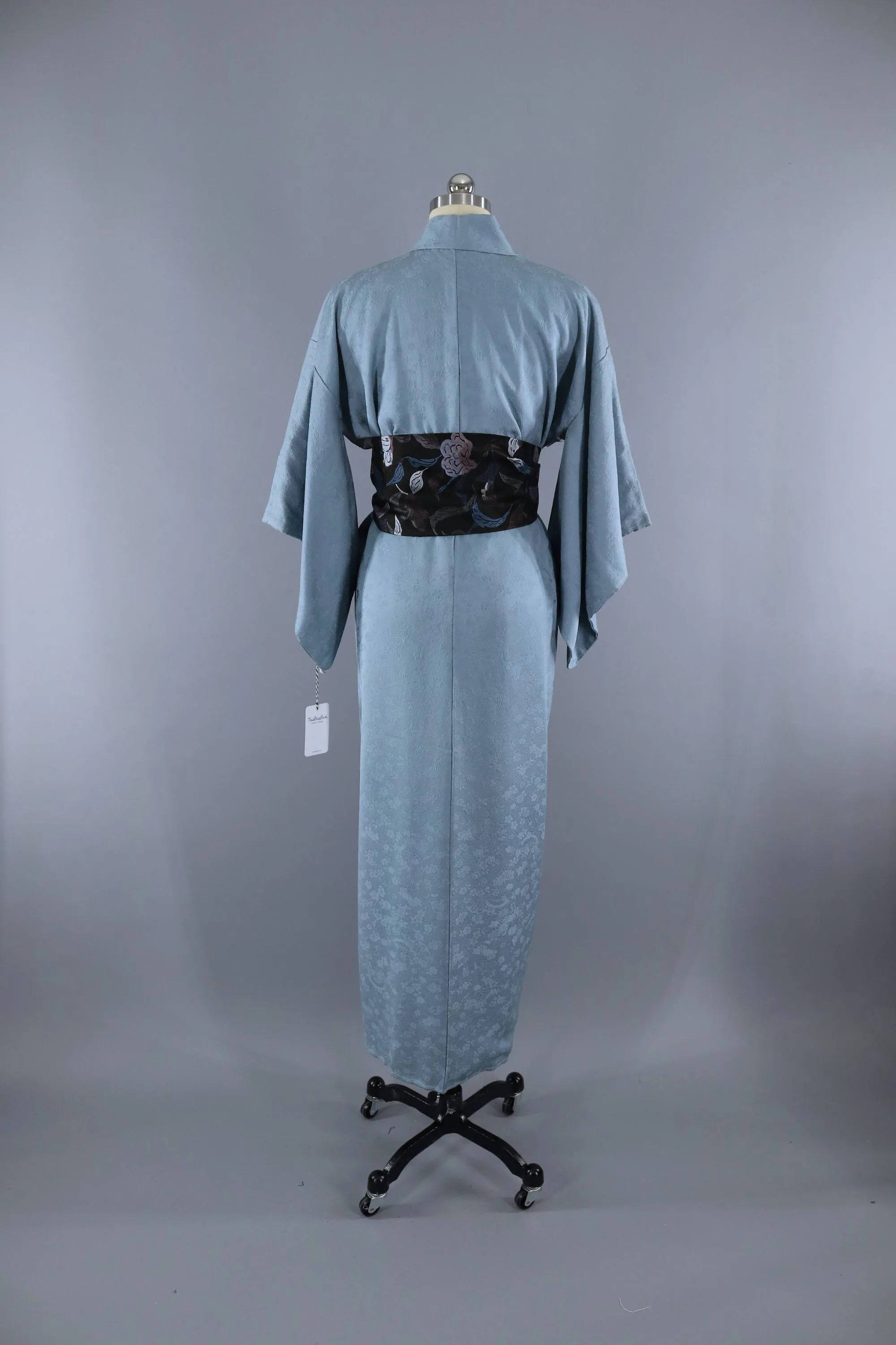 Vintage 1960s Silk Kimono Robe / Dusty Blue Damask