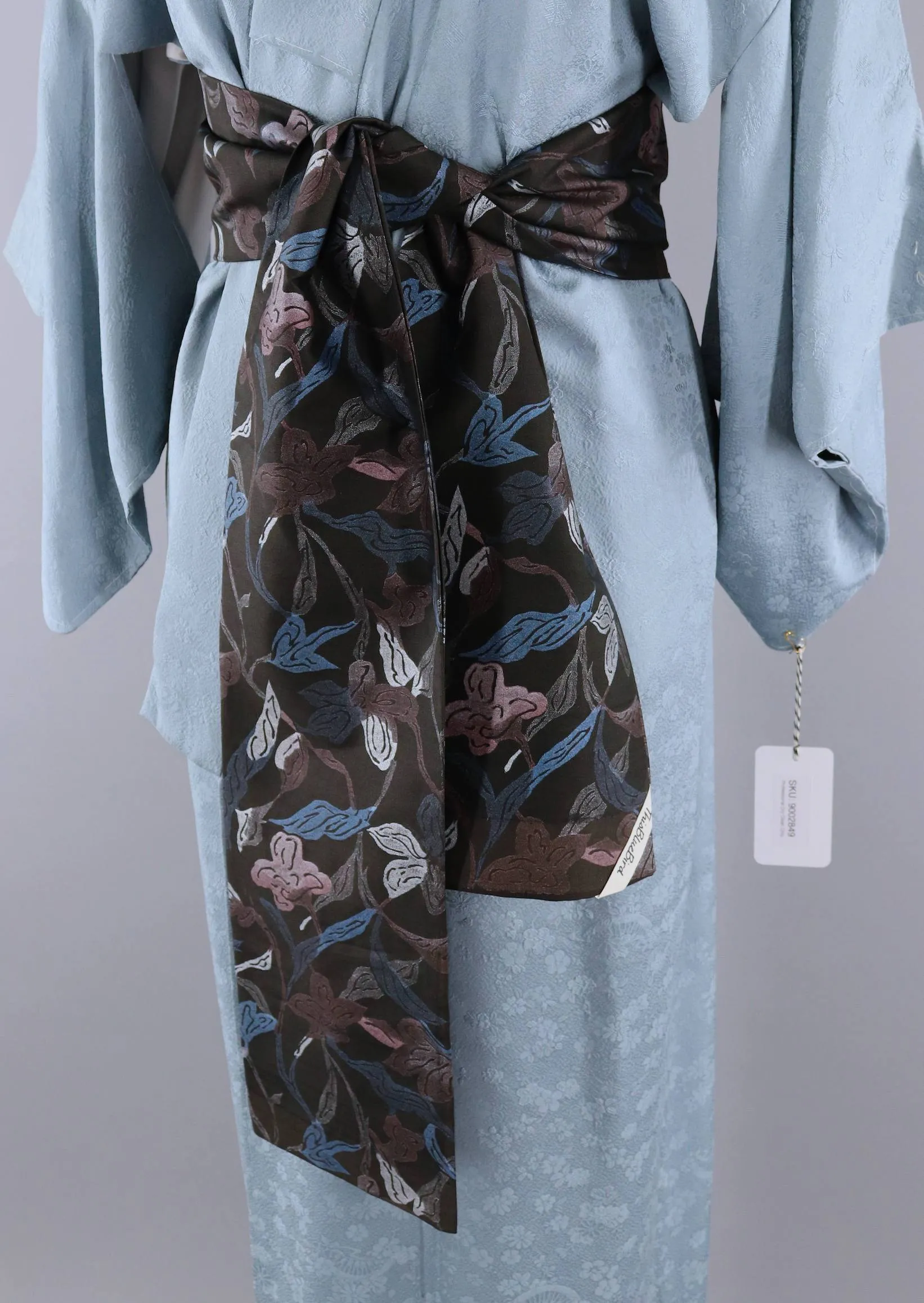 Vintage 1960s Silk Kimono Robe / Dusty Blue Damask