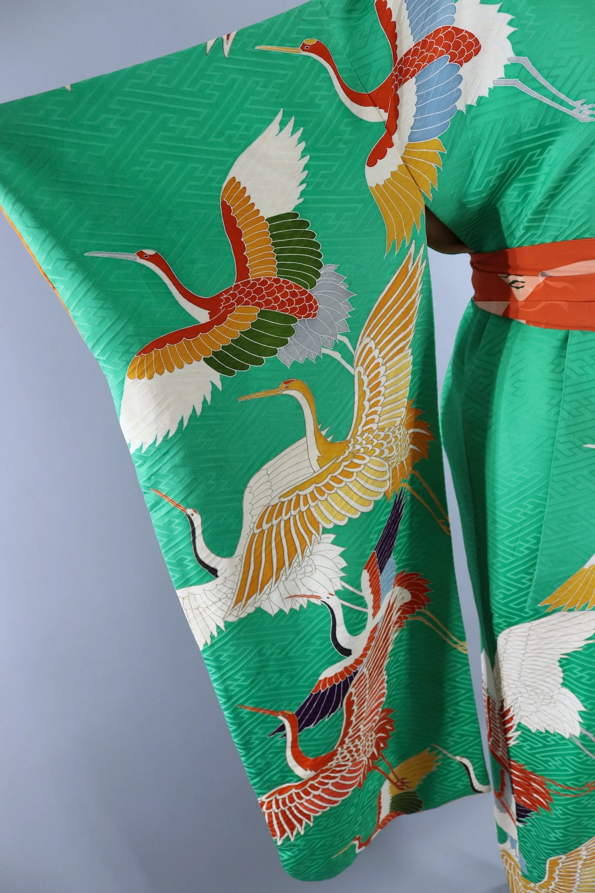 Vintage 1960s Silk Kimono Robe Furisode / Bright Green Flying Crane Birds