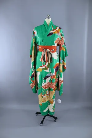 Vintage 1960s Silk Kimono Robe Furisode / Bright Green Flying Crane Birds