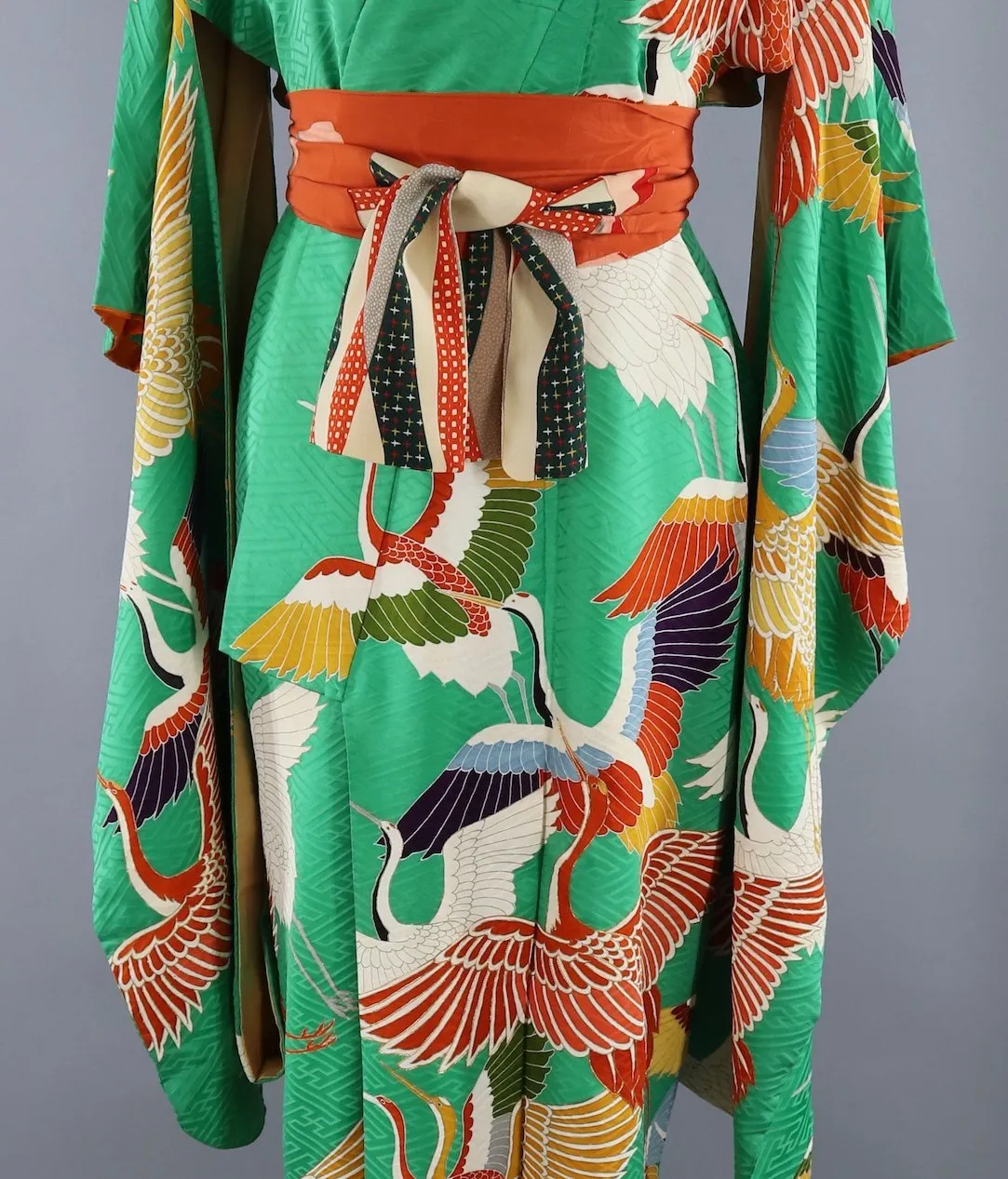 Vintage 1960s Silk Kimono Robe Furisode / Bright Green Flying Crane Birds