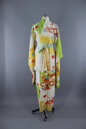 Vintage 1960s Silk Kimono Robe Furisode / Green & Yellow Mod Floral