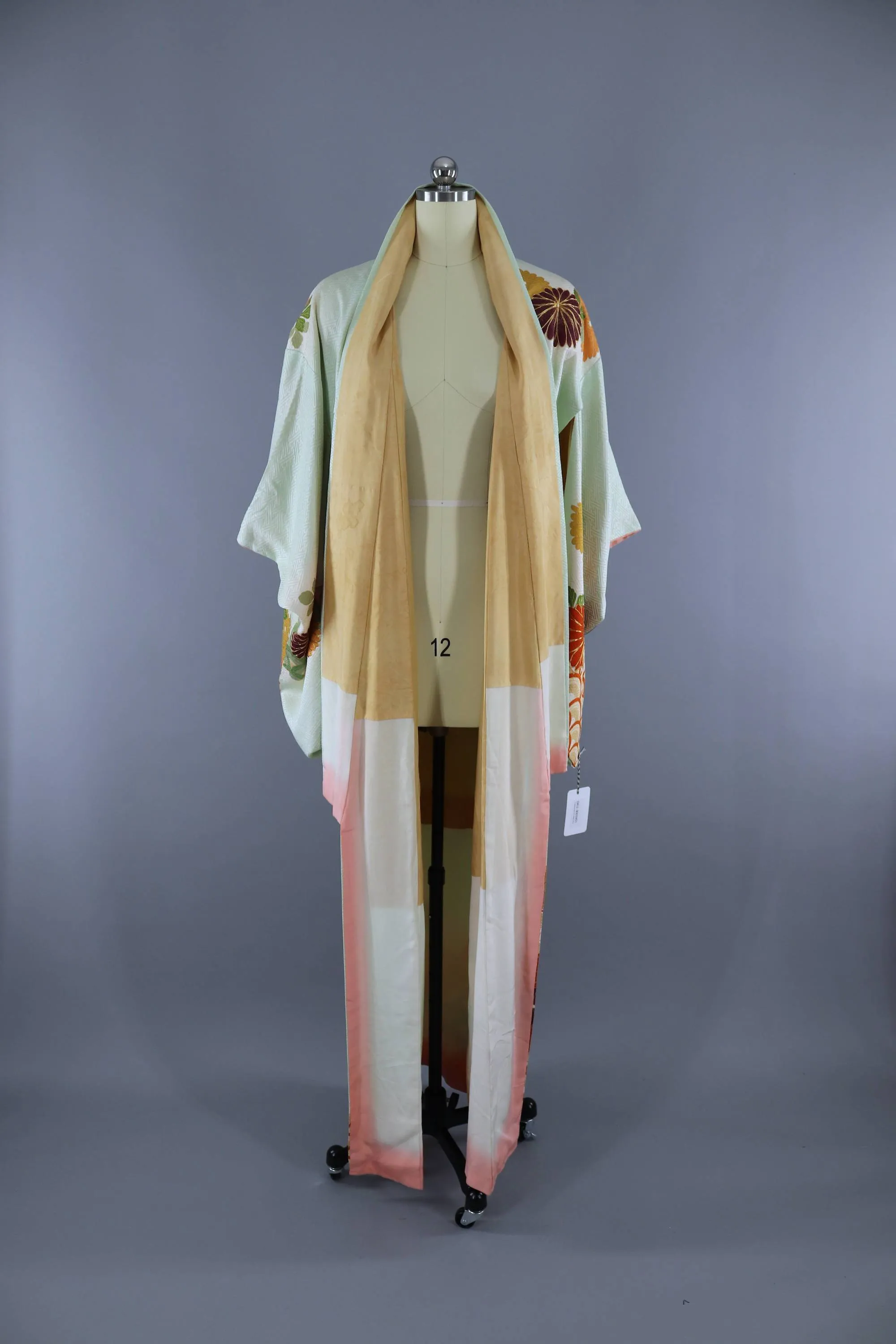 Vintage 1960s Silk Kimono Robe / Green & Orge Floral Seigaiha