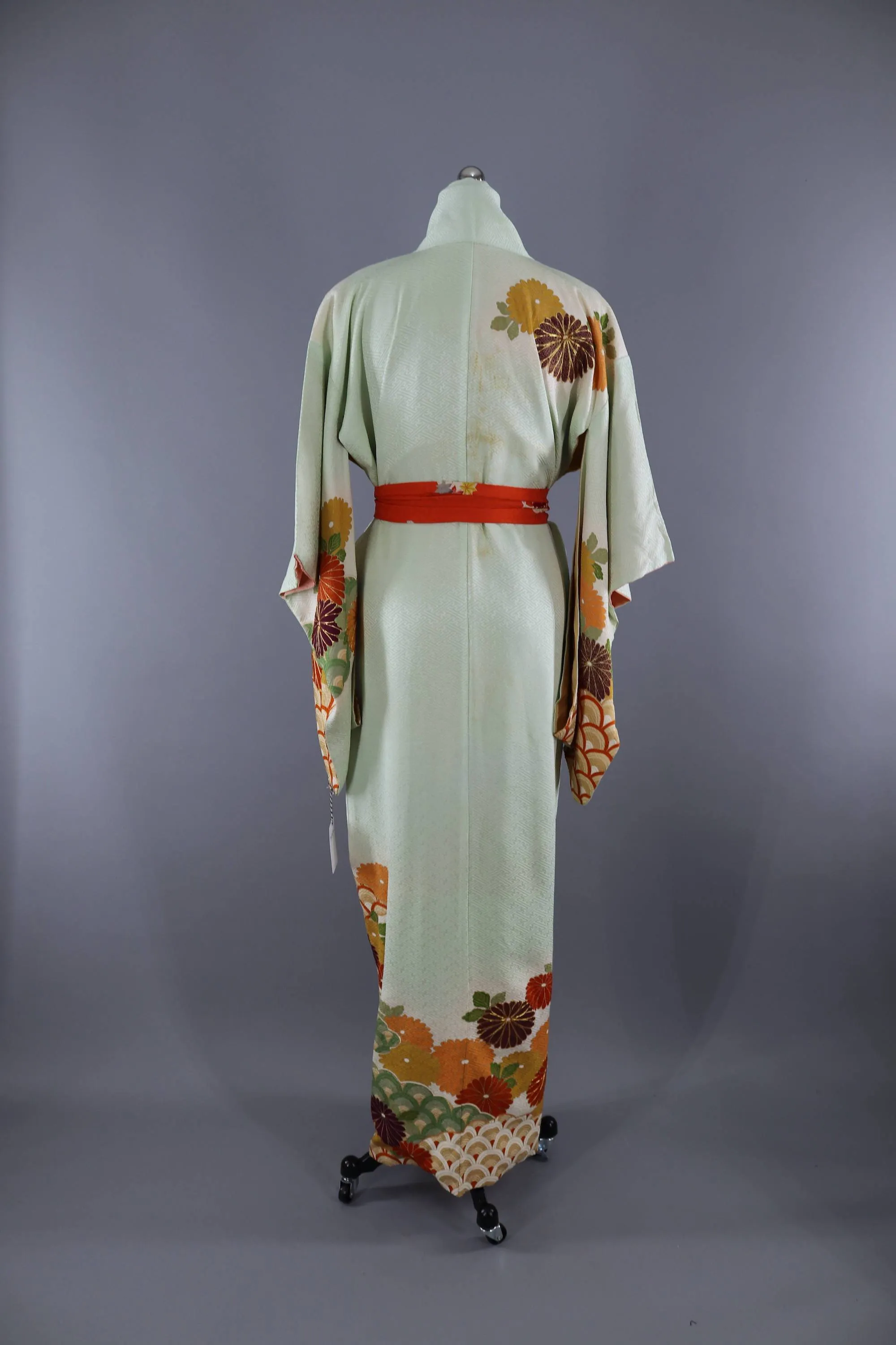 Vintage 1960s Silk Kimono Robe / Green & Orge Floral Seigaiha