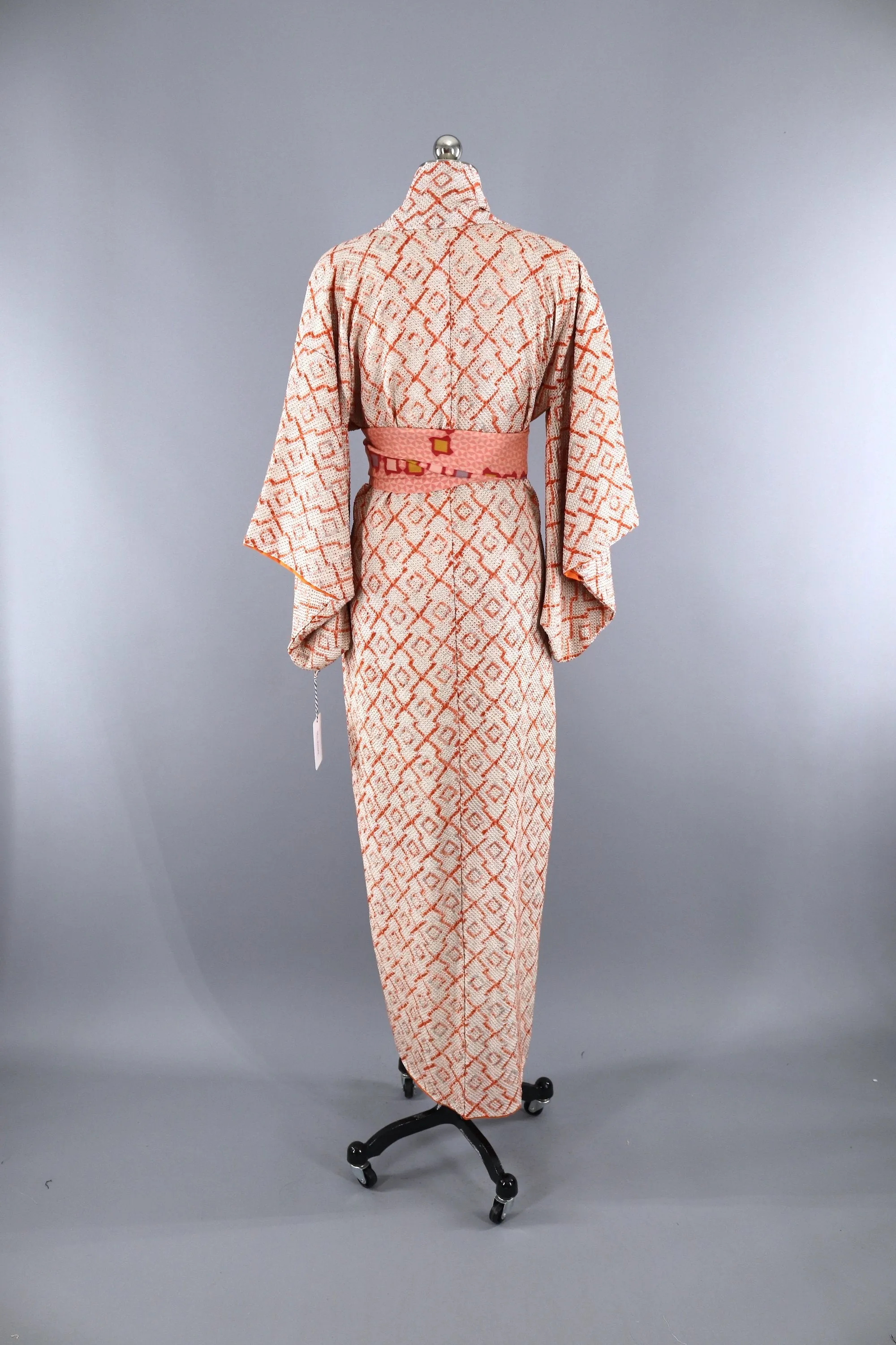 Vintage 1960s Silk Kimono Robe / Orange & Grey Shibori