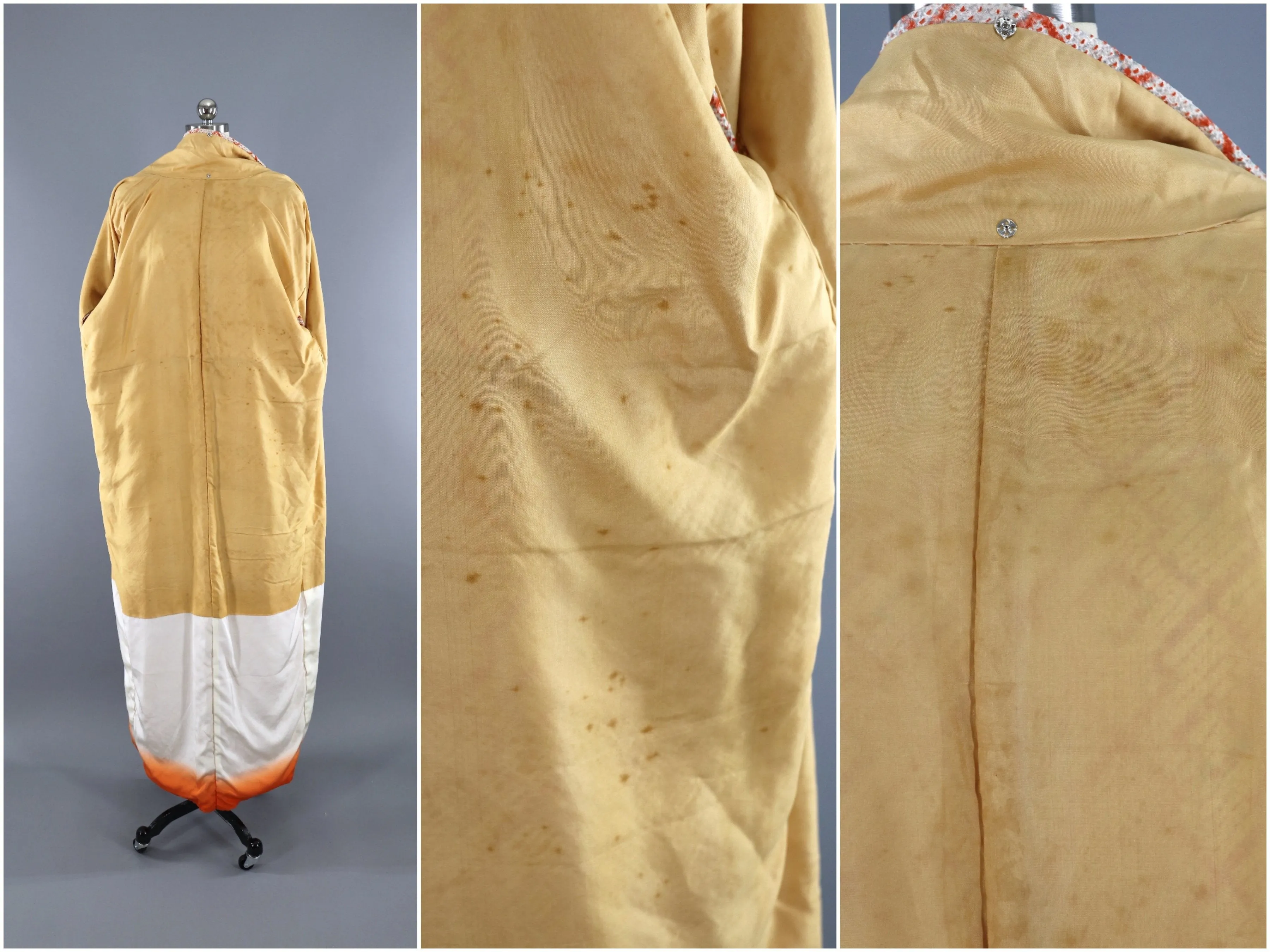 Vintage 1960s Silk Kimono Robe / Orange & Grey Shibori