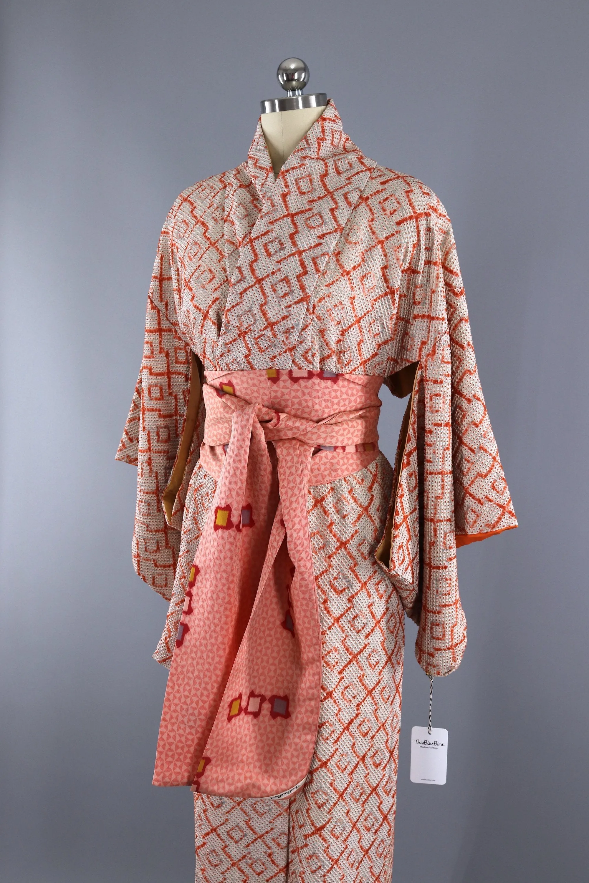 Vintage 1960s Silk Kimono Robe / Orange & Grey Shibori