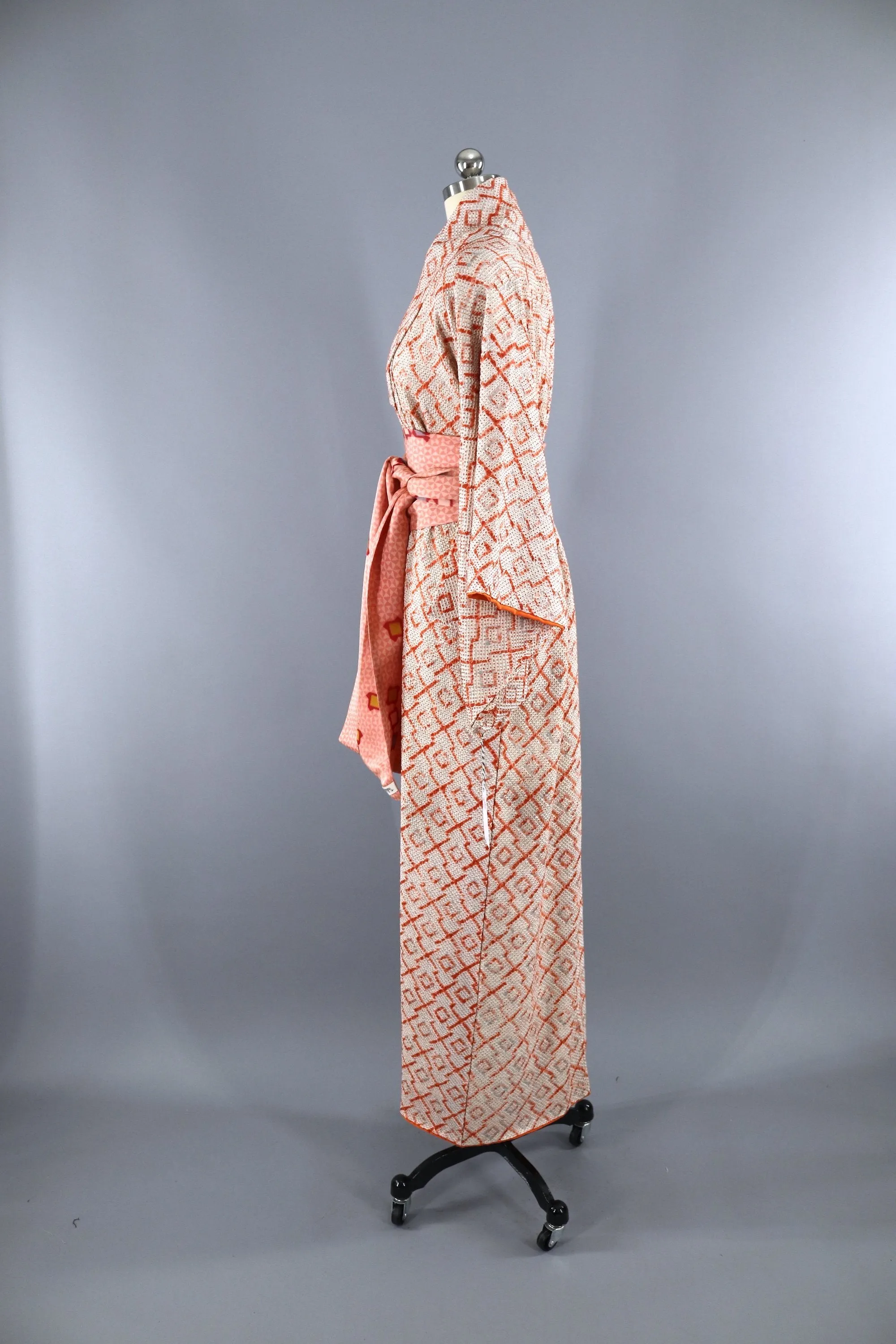 Vintage 1960s Silk Kimono Robe / Orange & Grey Shibori