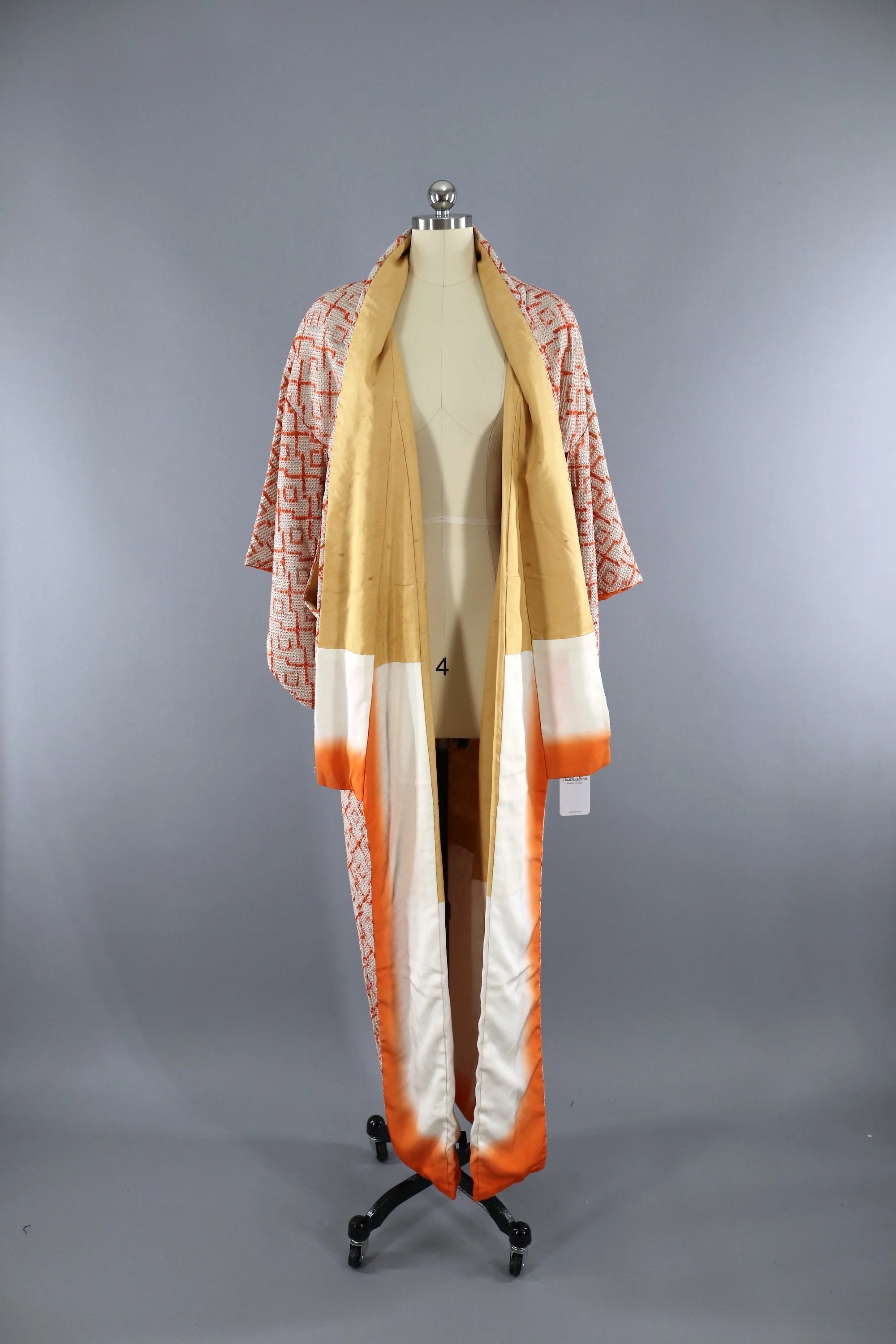 Vintage 1960s Silk Kimono Robe / Orange & Grey Shibori