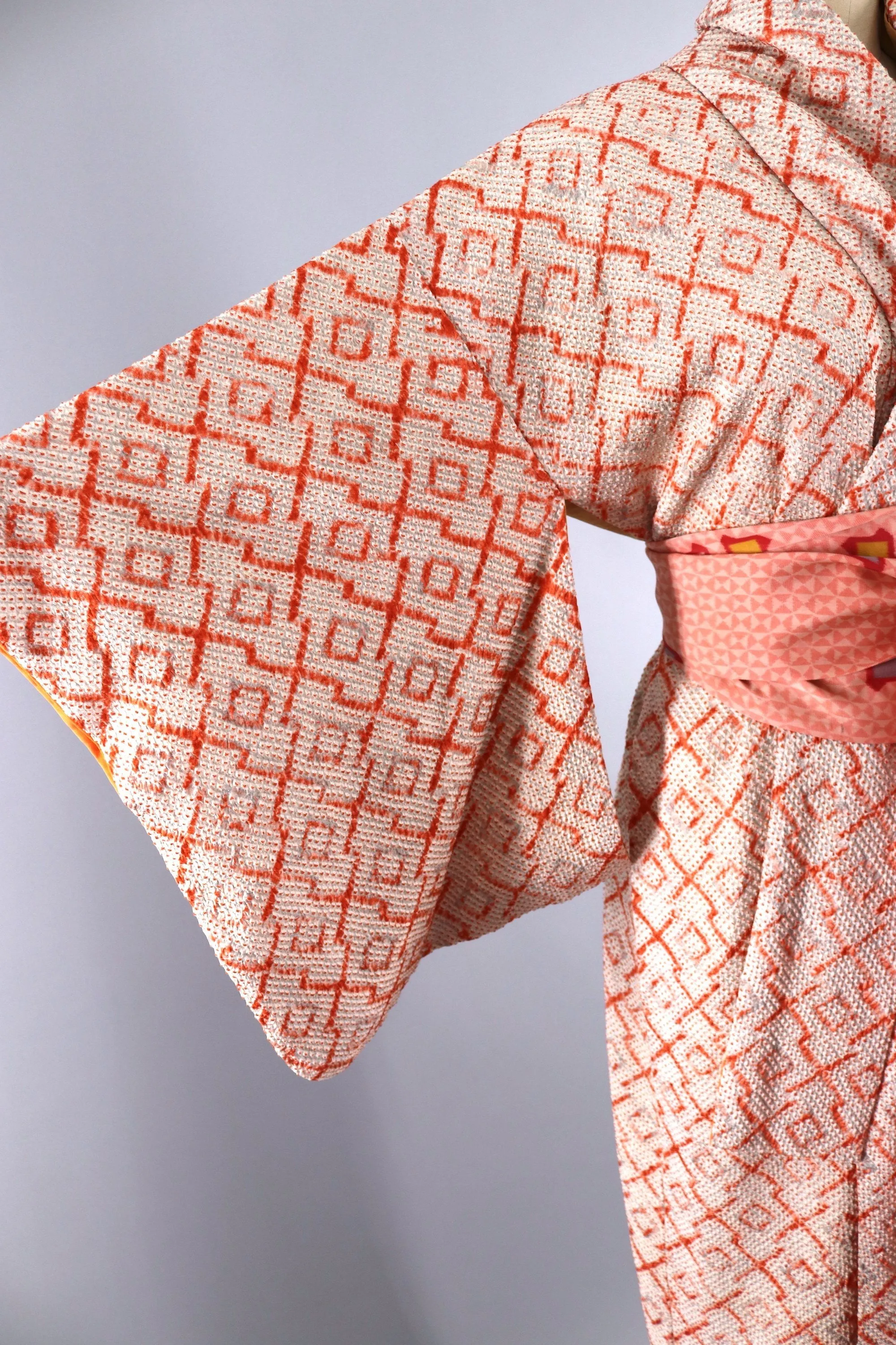 Vintage 1960s Silk Kimono Robe / Orange & Grey Shibori