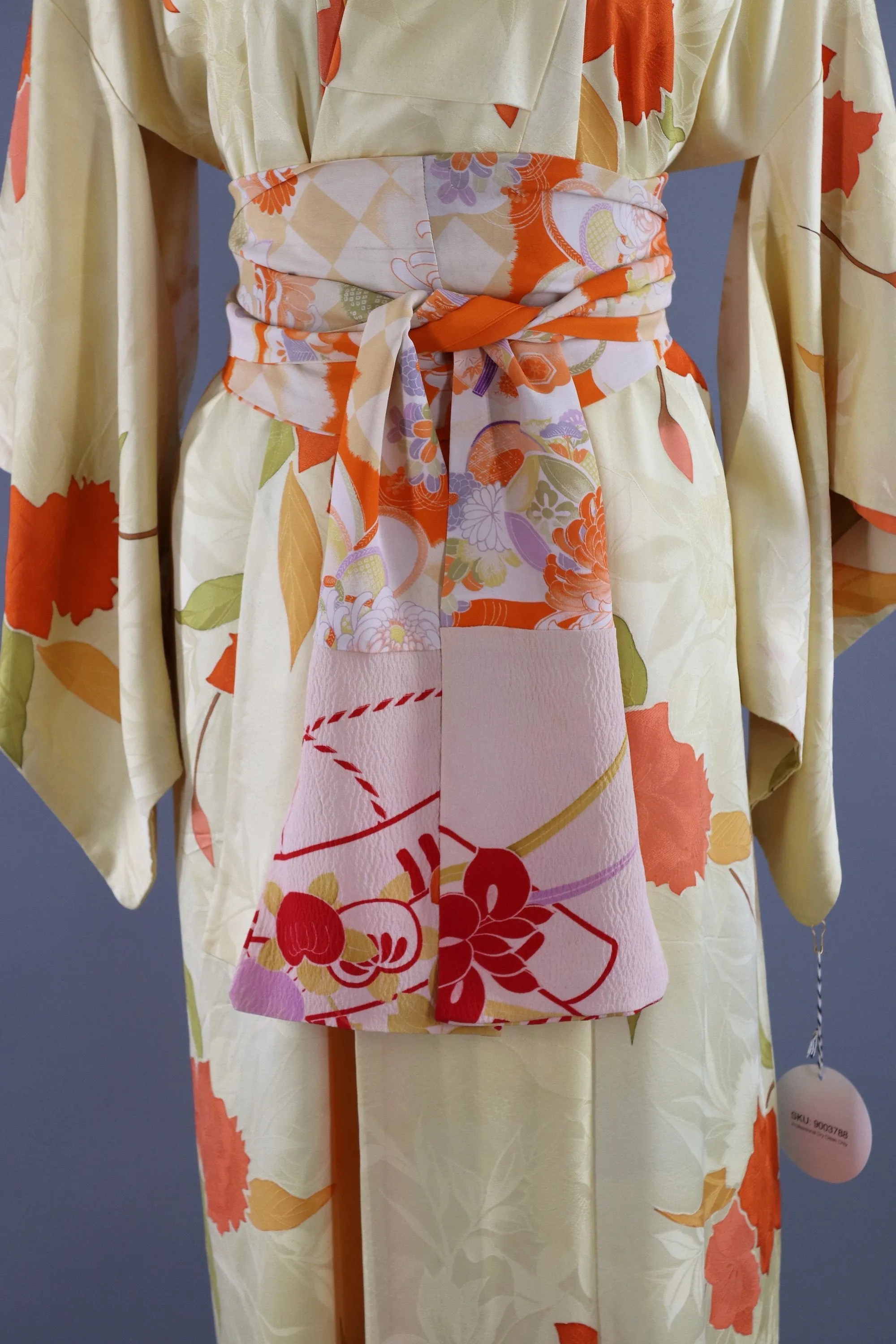 Vintage 1960s Silk Kimono Robe / Pastel Yellow Orange Floral Print