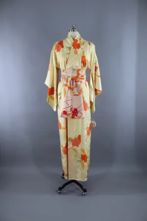 Vintage 1960s Silk Kimono Robe / Pastel Yellow Orange Floral Print