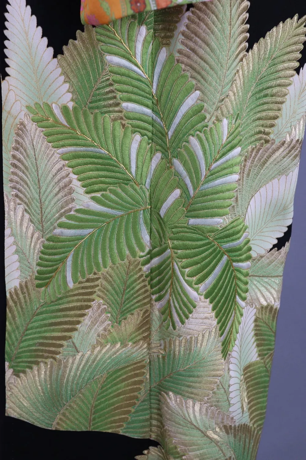 Vintage 1970s Silk Kimono Robe / Black Embroidered Ferns Palm Leaves