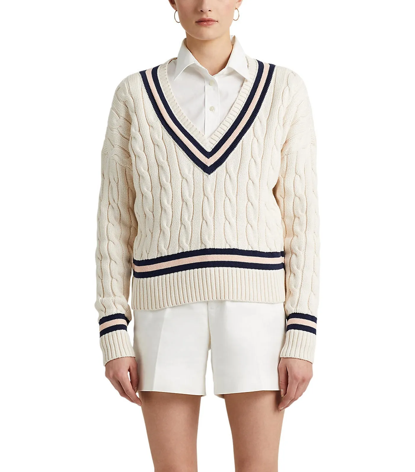 Women's Cable-Knit Cricket Sweater Cream/Navy/Pink