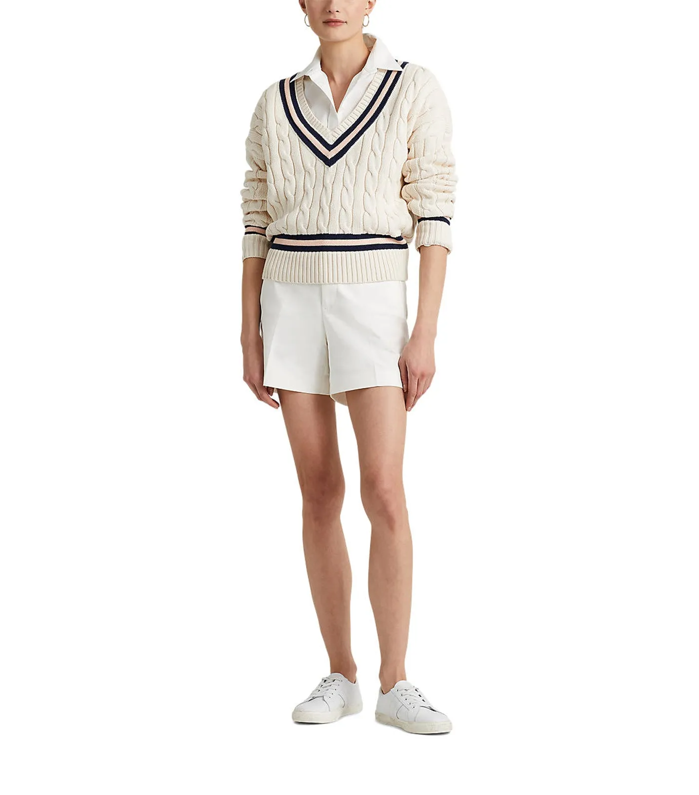 Women's Cable-Knit Cricket Sweater Cream/Navy/Pink